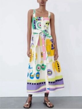 Zara Abstract Print Belted Midi Dress XS Resort Vacation Cotton